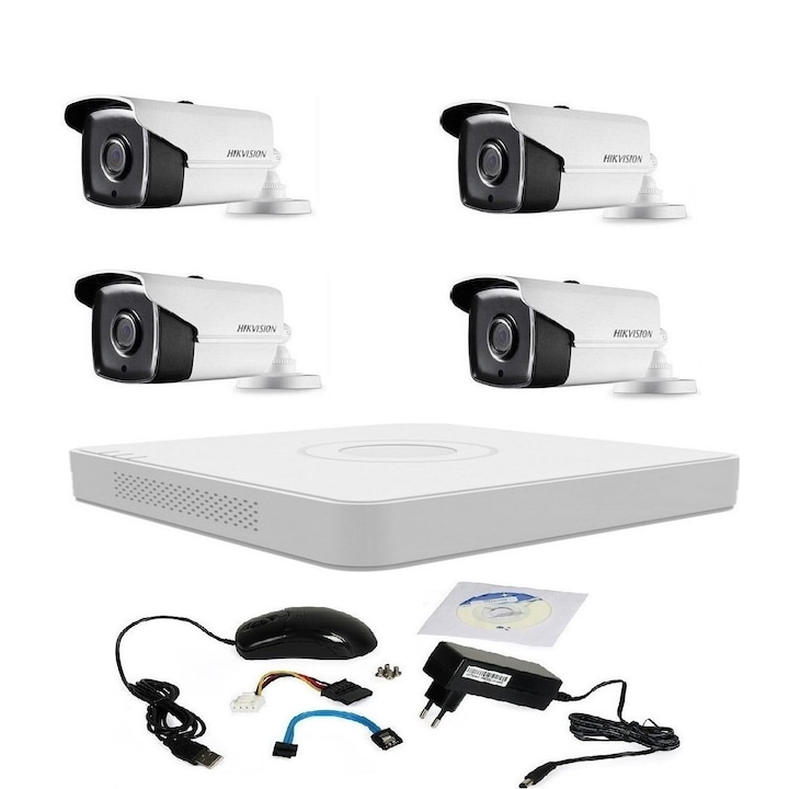 Kit supraveghere video Hikvision 2MP, cu 3 camere 2MP de exterior/interior MK207