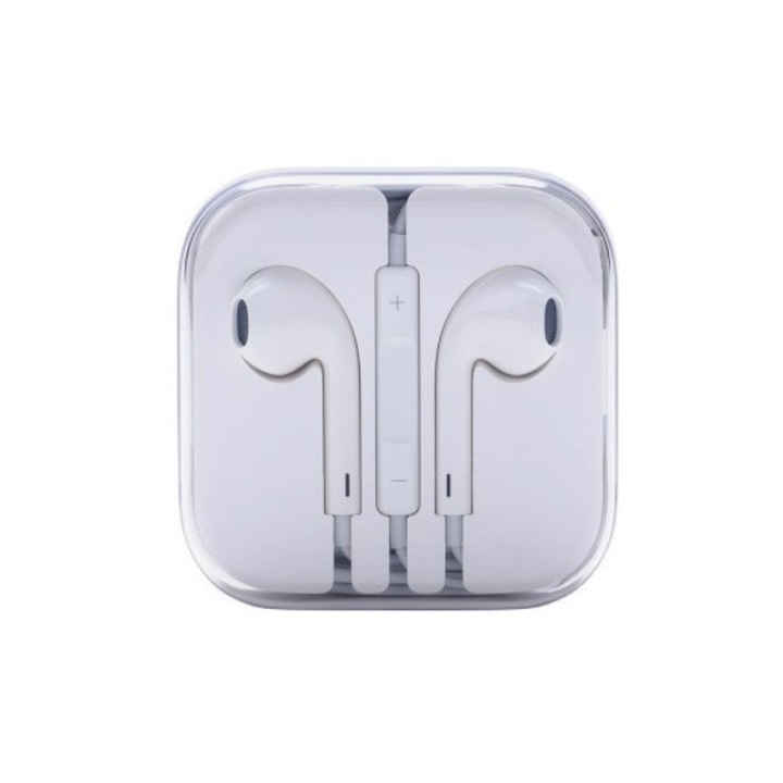 Casti stereo cu fir, in ear, mufa jack 3.5 mm, albe, lungime 1 m, compatibile Apple, microfon