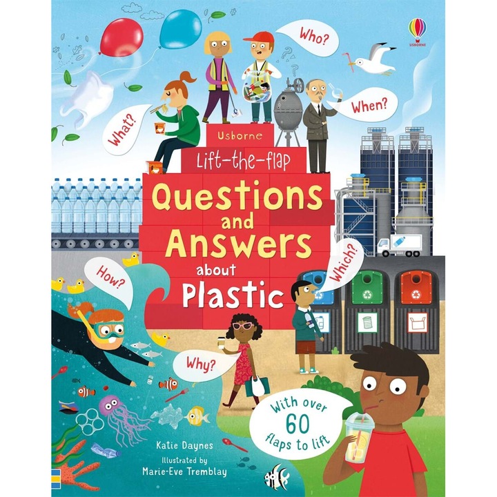 Carte "Lift-the-Flap Questions and Answers About Plastic", cu coperta tare, 5 ani+, Usborne
