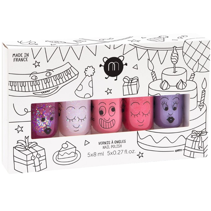 Set Nailmatic Party 1 x Sheepy Kids Lac de unghii pe baza de apa pentru copii Raspberry Glitter 8 ml, 1 x Polly Lac de unghii pe baza de apa pentru copii Pink Glitter 8 ml, 1 x Cookie Lac de unghii pe baza de apa pentru copii 8 ml