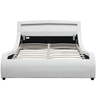 Pat matrimonial cu LED si telecomanda,140x200 cm, tapitat piele ecologica, model Malaga, suport saltea inclus, Alb/Negru