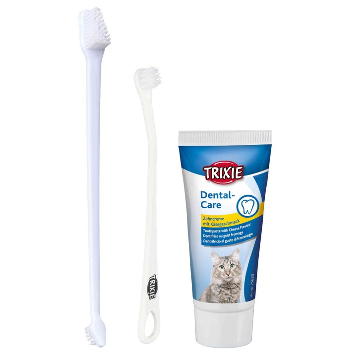 Комплект за дентална хигиена: Паста Trixie 50 g и 2 четки за зъби, За котки, 25620