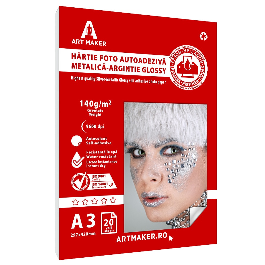 Hartie foto autoadeziva Metalica Argintie Glossy, 140 g/mp, A3, 20 coli