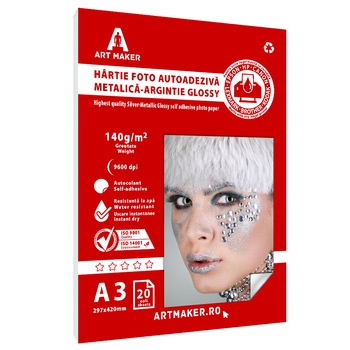 Hartie foto autoadeziva Metalica Argintie Glossy, 140 g/mp, A3, 20 coli Hartie foto autoadeziva Metalica Argintie Glossy, 140 g/mp, A3, 20 coli