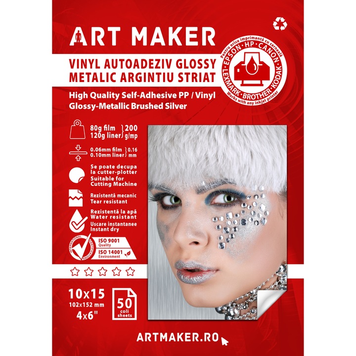 Hartie foto autoadezivă Art Maker, Vinyl glossy metalic argintiu striat, 10x15cm, set 50 coli