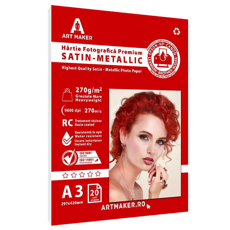 Hartie foto metalica satin, premium, 270g/mp, RC, A3,20 coli