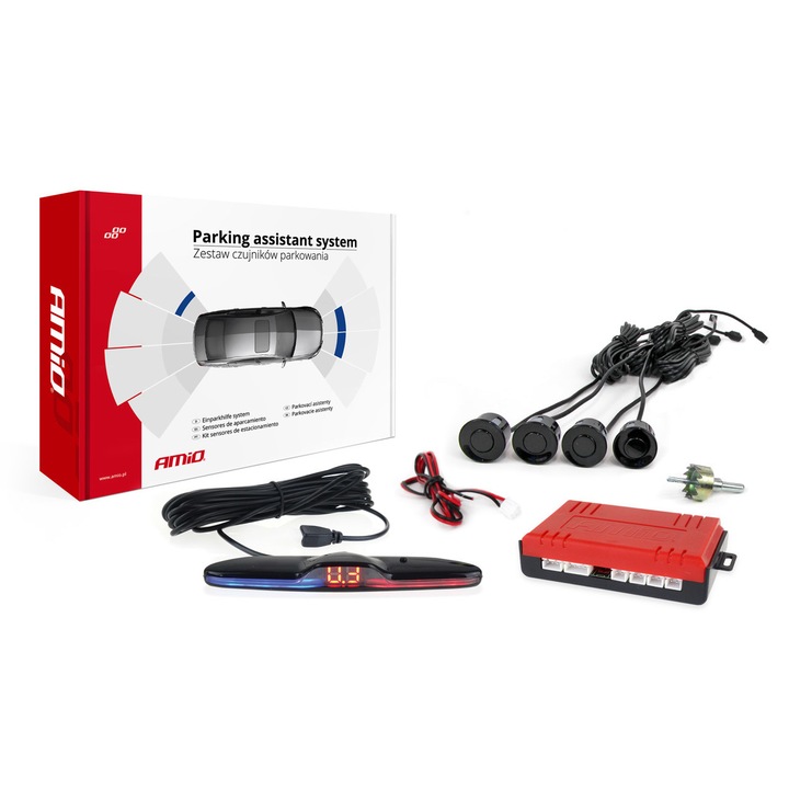 Set 4 senzori parcare cu afisaj slim LED si unitate sonora avertizare, culoare neagra