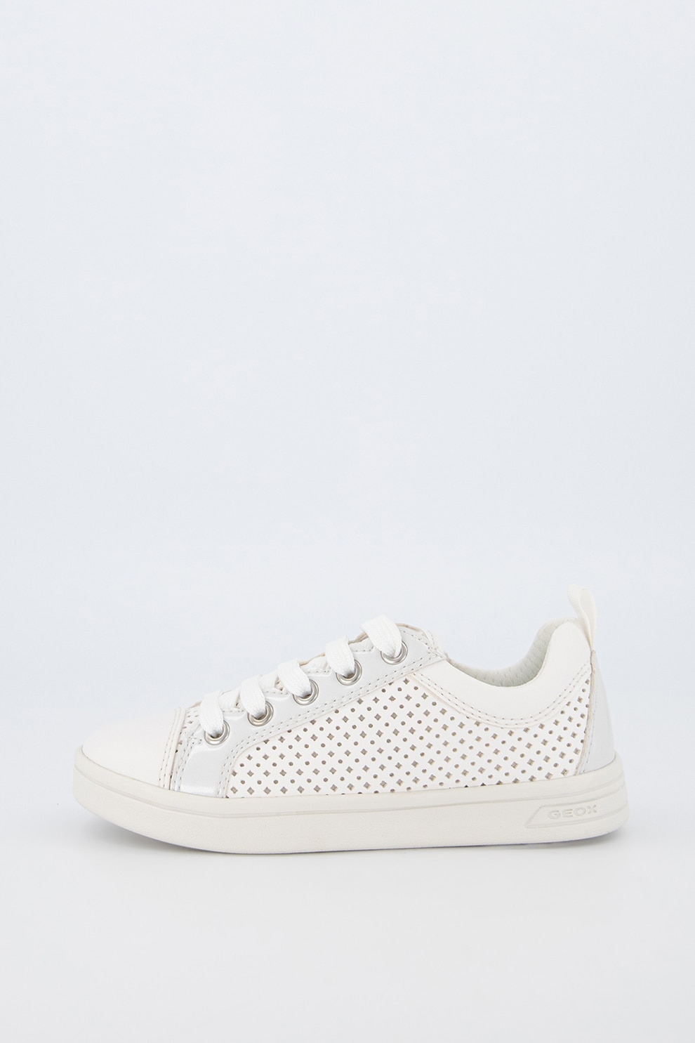 Geox, Pantofi sport de piele ecologica cu perforatii, Alb/Argintiu, 32 EU