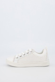 Geox, Pantofi sport de piele ecologica cu perforatii, Alb/Argintiu, 32 EU Geox, Pantofi sport de piele ecologica cu perforatii, Alb/Argintiu, 32 EU