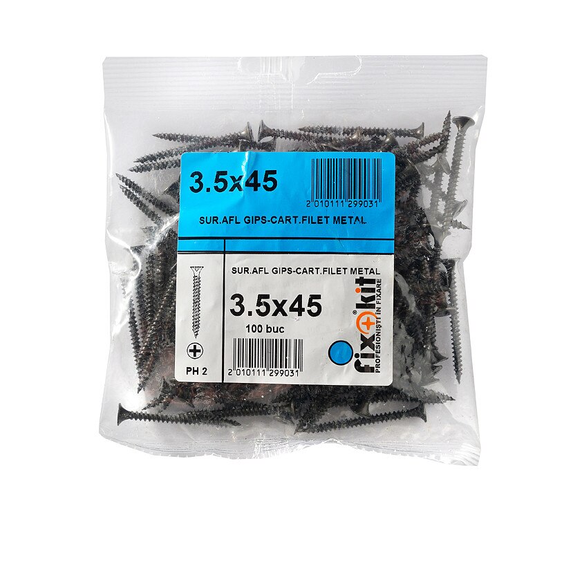 Suruburi, autofiletante pentru gips - carton, filet metal, PH2 - 3.5x45, Set 100 bucati