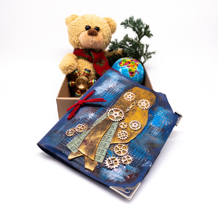 Pachet Craciun format din 4 piese Steampunk: ursulet, agenda albastru metalizat cu bufnita, mingiuta,Spinner si ursulet