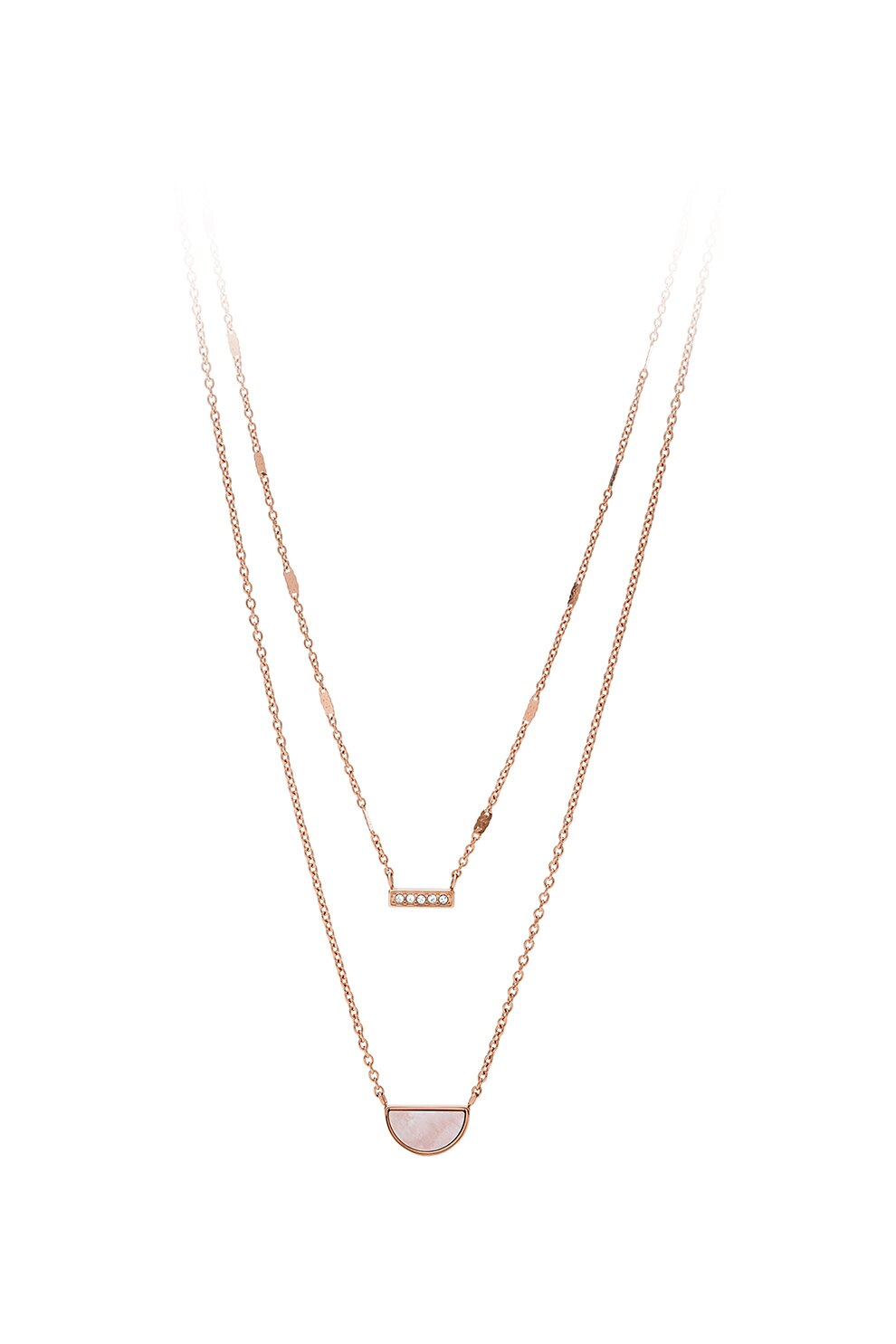 Fossil, Colier din otel inoxidabil cu zirconia si Mother of Pearl, Auriu rose