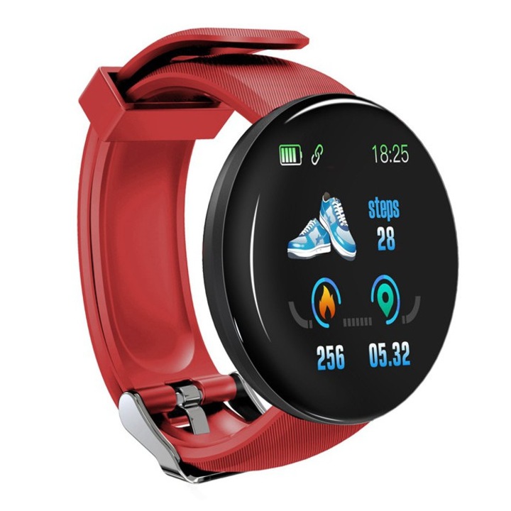 Techstar Smartband D18 Fitnessz karkötő, IP65 vízálló, USB töltés, Bluetooth 4.0, OLED színes érintőképernyővel, Piros