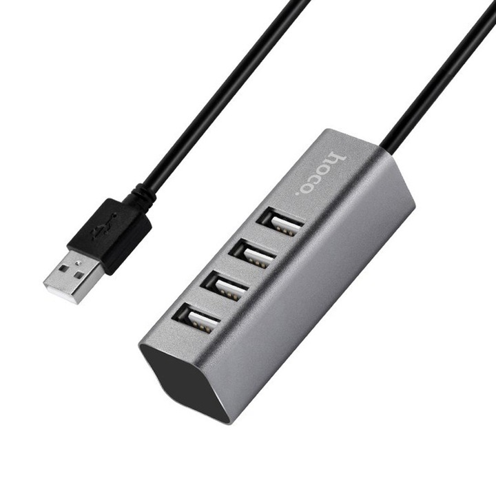 Hoco хъб, 4 USB 2.0 порта, сив