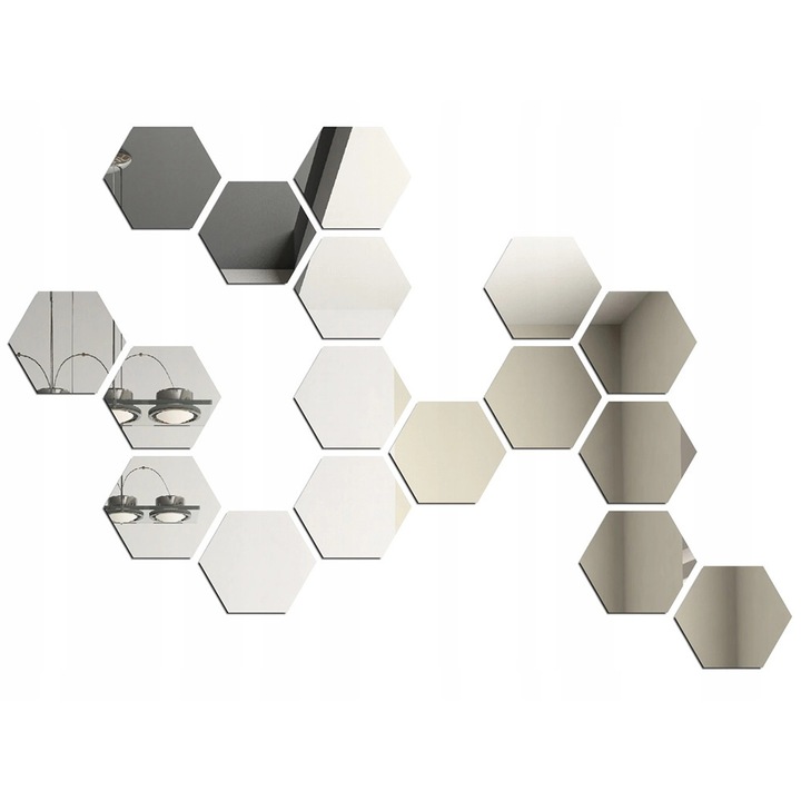 Комплект декоративни акрилни огледала Design Hexagon Silver M Size - MyStyle Luxury Home 6 части