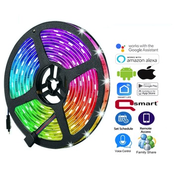 Banda LED Qsmart, RGB si lumina alba, Wi-fi, Alexa/ Google/ iOS/ Android, Control vocal, Dimabila, Automatizare, Programare, 2700-6500K, rola 5 metri Banda LED Qsmart, RGB si lumina alba, Wi-fi, Alexa/ Google/ iOS/ Android, Control vocal, Dimabila, Automatizare, Programare, 2700-6500K, rola 5 metri