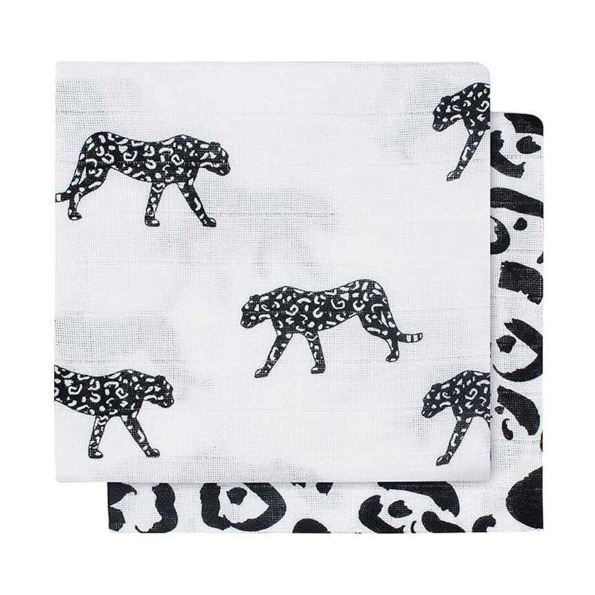 Set 2 scutece hidrofile, Jollein Leopard, 115x115 cm, bumbac, alb negru