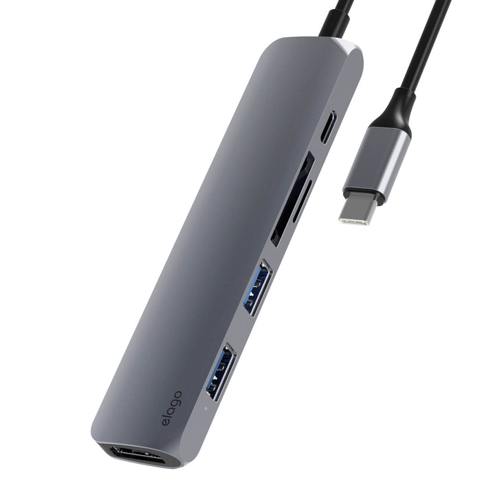 Elago Multi 6 in 1 USB-C Hub Card Reader - мултифункционален хъб за свързване на допълнителна периферия за устройства с USB-C (тъмносив)