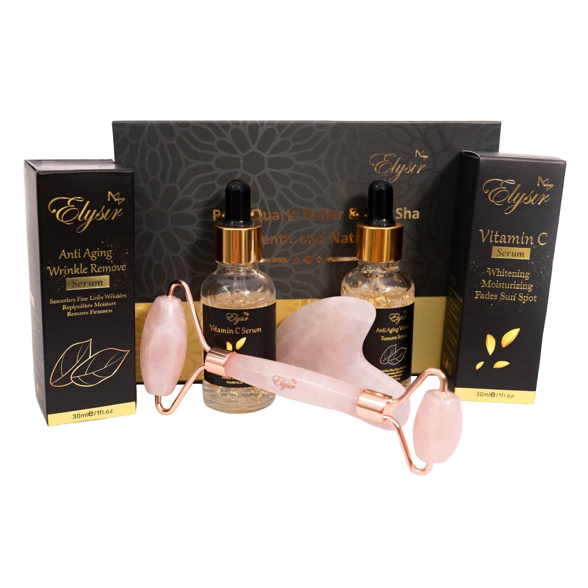 Set pentru Femei ,Elysir, Ser Facial Vitamina C, Rose Quartz Roller&Gua Sha, Ser Facial Anti-Rid