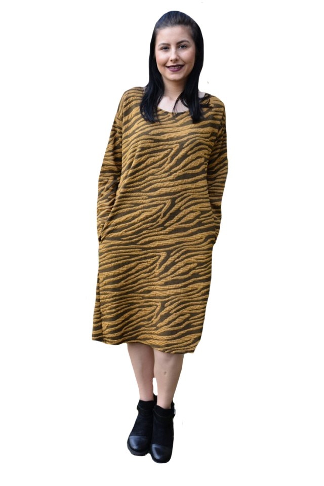 Rochie casual cu imprimeu de leopard,D&J Exclussive, Galben mustar