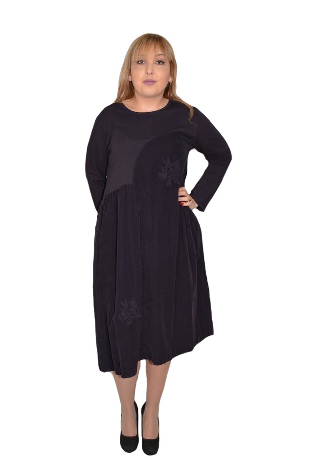 Rochie casual cu insertii de catifea si flori brodate ,D&J Exclussive, Mov