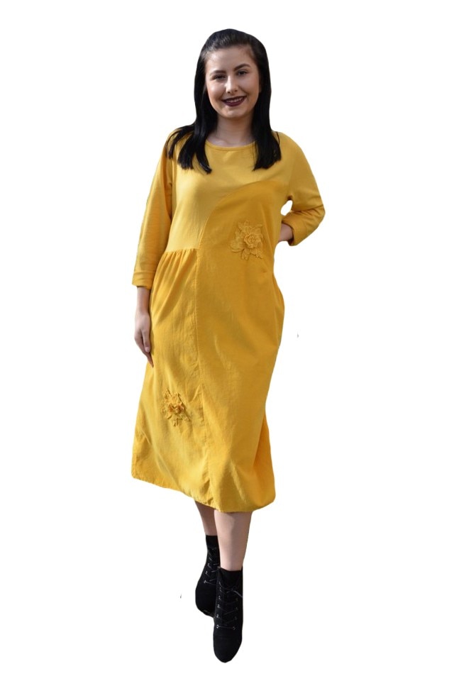 Rochie casual cu insertii de catifea si flori brodate ,D&J Exclussive, Galben