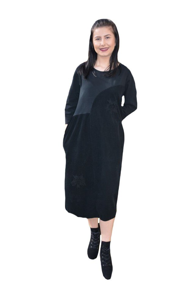 Rochie casual cu insertii de catifea si flori brodate ,D&J Exclussive, Negru