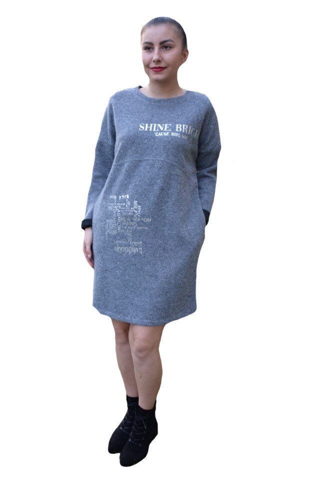 Rochie casual,imprimeu tip scris si buzunare,D&J Exclussive, Gri
