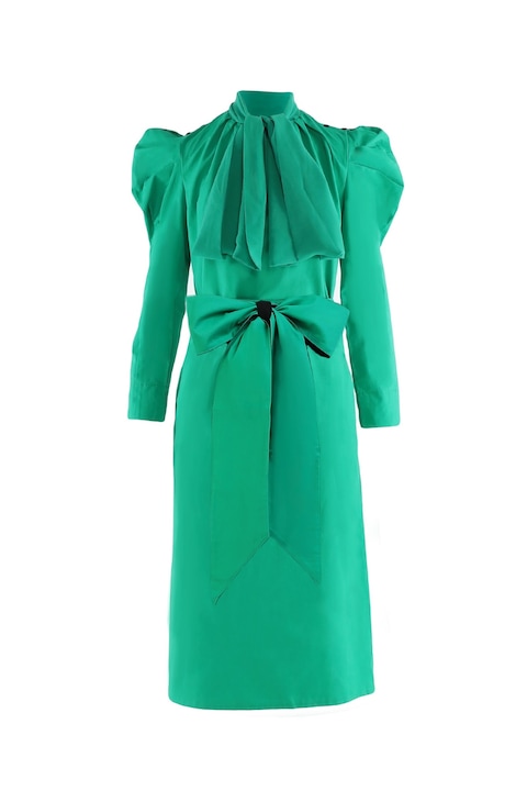 Rochie dama Nicoleta Obis, midi, din bumbac, verde , cu esarfa din voal, Verde, S