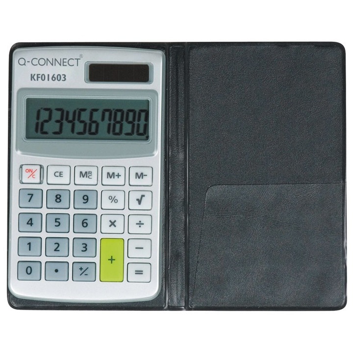 Настолен калкулатор Q-CONNECT, 10 знака, 73x118 mm, наклонен дисплей, малък формат, цвят сив