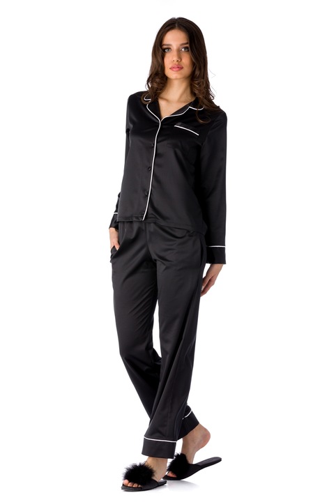 En Privé, Pijama cu buzunar pe piept din satin de matase, Negru