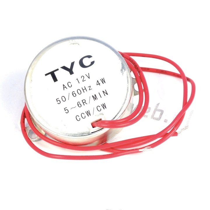 Motor sincron AC 12V, 5/6 RPM, 50/60 Hz, 4W, CW/CCW, 50 x 40 x 20 mm, Argintiu, Rosu