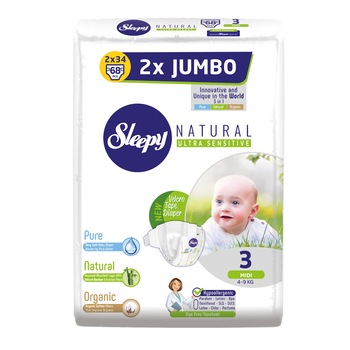 Scutece Sleepy Natural Ultra Sensitive Double Marime 3 Midi , 4-9kg, 68 bucati Scutece Sleepy Natural Ultra Sensitive Double Marime 3 Midi , 4-9kg, 68 bucati