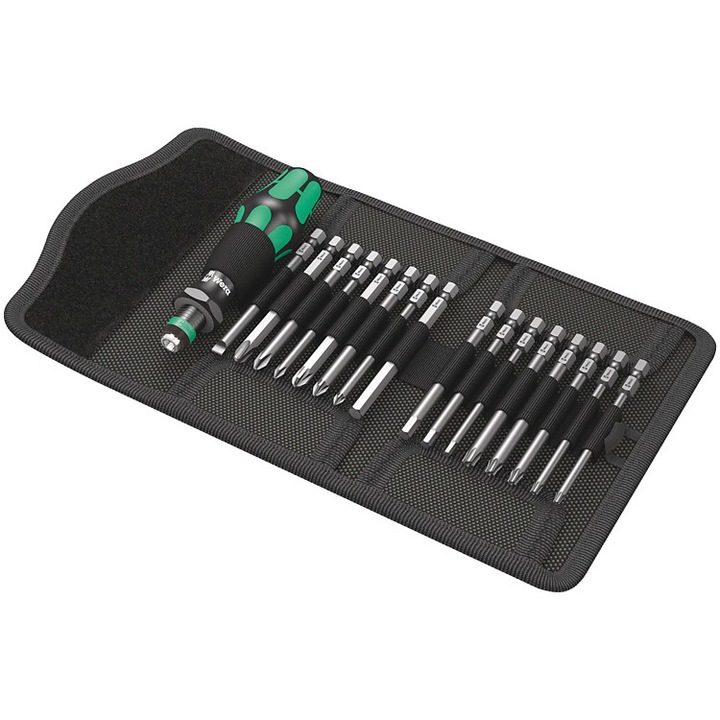 Отвертка Wera Kraftform Kompakt 60, 1/4'', Черен/Зелен, С 17бр накрайници