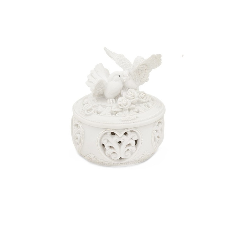 Cutiuta de polirasina rotunda, alba, cu porumbei, 12 cm