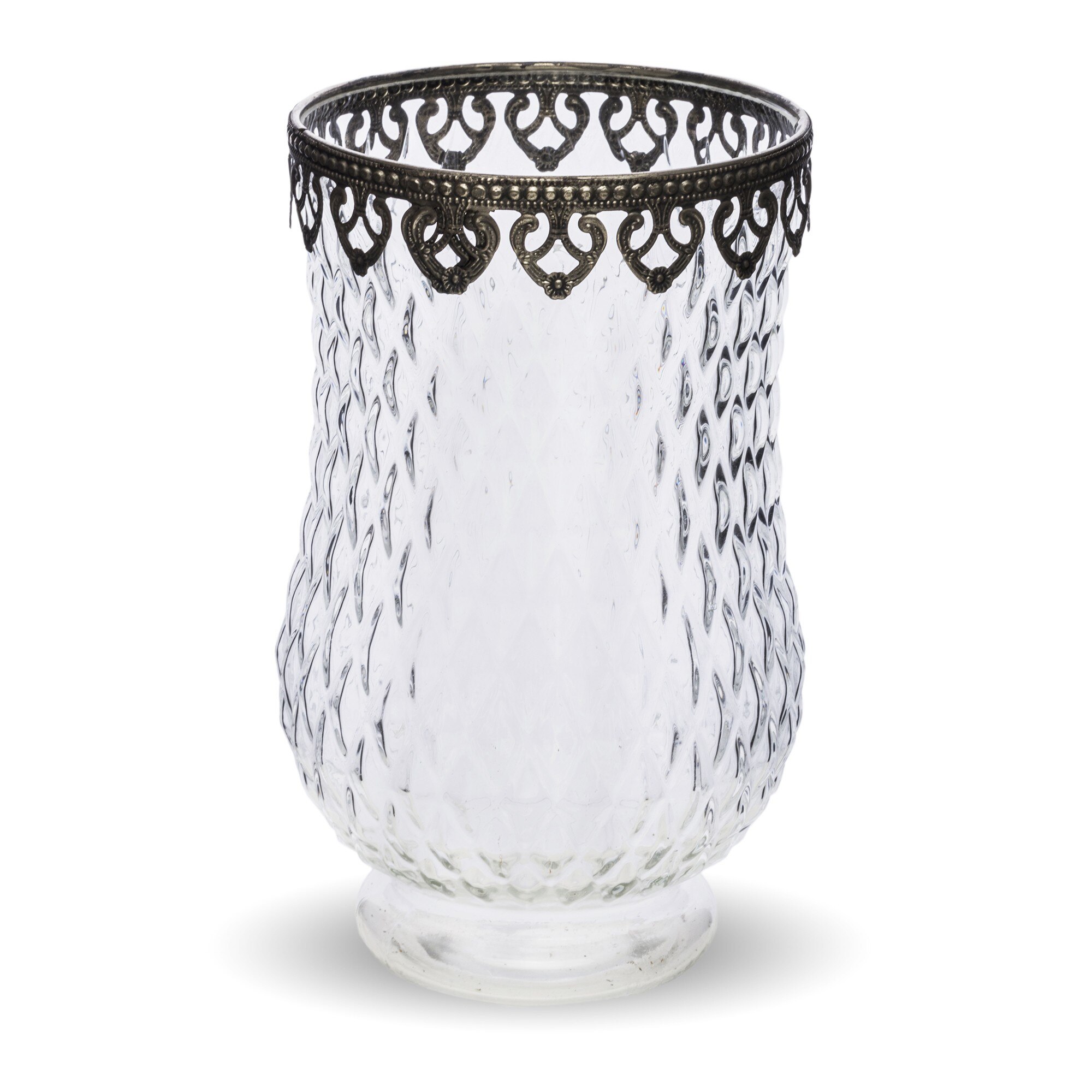 Suport lumanare, sticla, margine metalica, 25x14 cm