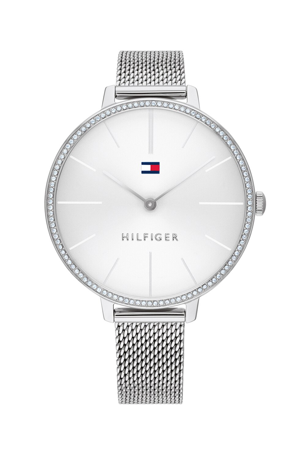 Tommy Hilfiger, Ceas analog cu o coroana decorata cu cristale, Argintiu
