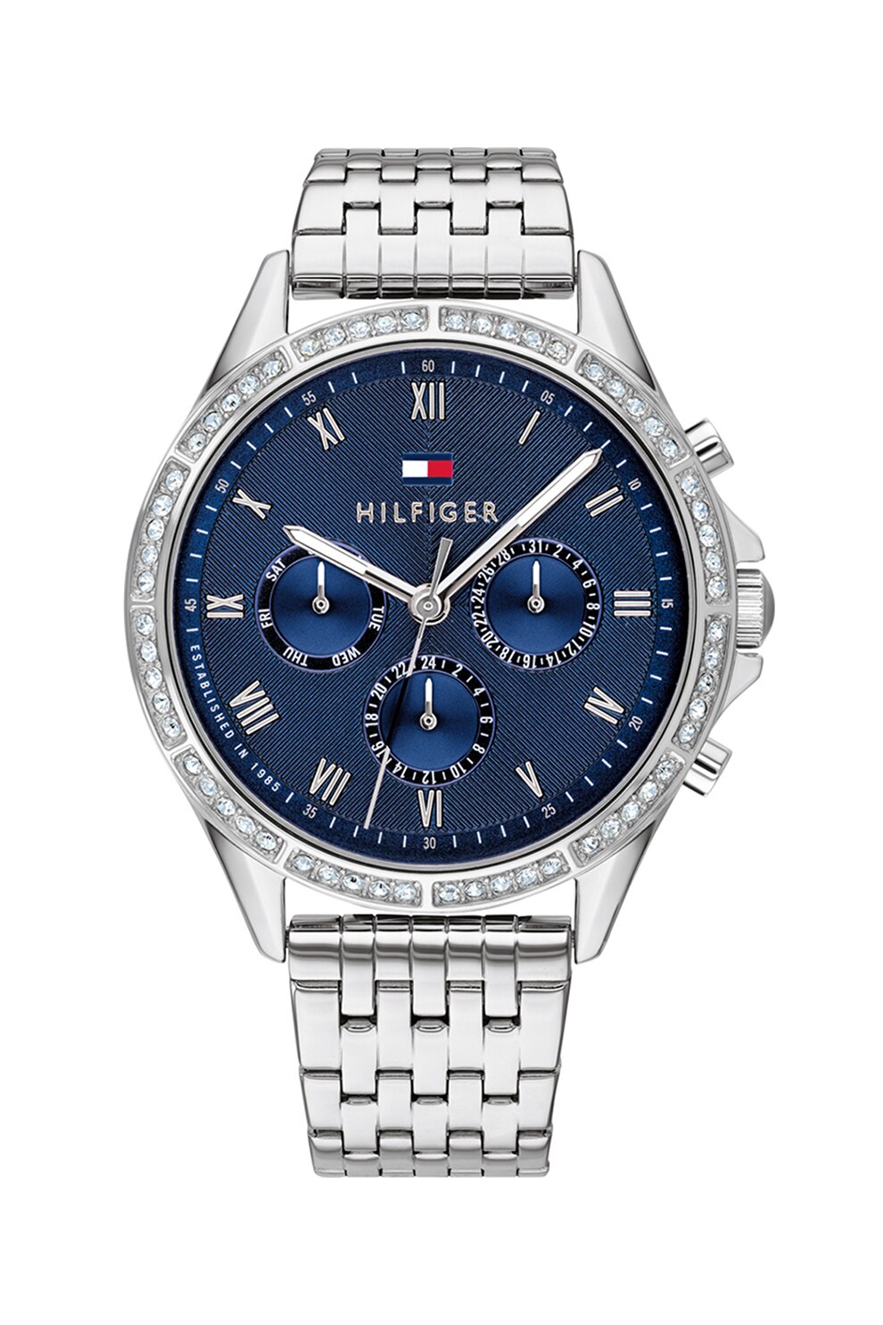 Tommy Hilfiger, Ceas cu functii multiple, decorat cu cristale, Argintiu