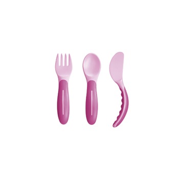 Set 3 piese lingura, furculita si cutit pentru bebelusi 6+ luni MAM 666919R, Roz Set 3 piese lingura, furculita si cutit pentru bebelusi 6+ luni MAM 666919R, Roz