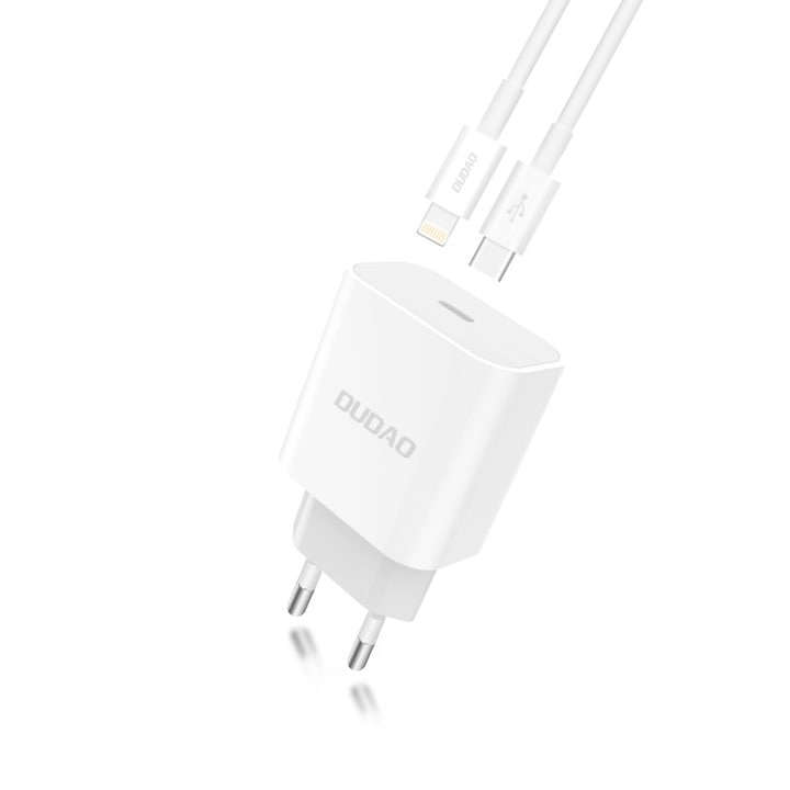 Зарядно устройство Dudao Premium A8EU Quick Charger USB Type C Power 20W + PD Lightning Charging Кабел, Бял за iPhone X/Xs/Xs Max/11/11 Pro/11 Pro Max