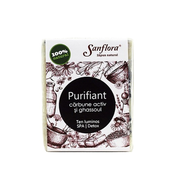 Sapun natural, Sanflora Purifiant, cu carbune activ si ghassoul, 100g
