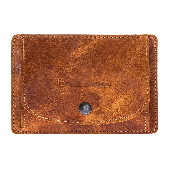 Тънък портфейл от първокласна естествена кожа, поставка за карти, монети - Bouletta, Golden brown