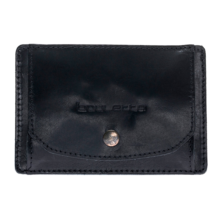Тънък портфейл от първокласна естествена кожа, държач за карти, монети - Bouletta, Black Rustic black