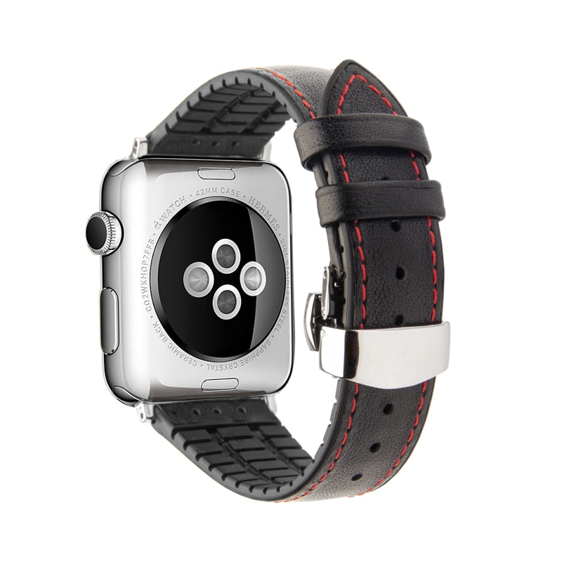 Curea Apple Watch Series SE, 6, 5, 4 - 44mm, 1, 2, 3 - 42mm - Qialino, din piele naturala nappa cusatura contrast rosie, cauciuc moale pe interior, Negru