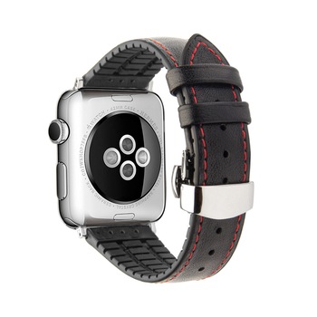 Curea Apple Watch Series SE, 6, 5, 4 - 44mm, 1, 2, 3 - 42mm - Qialino, din piele naturala nappa cusatura contrast rosie, cauciuc moale pe interior, Negru Curea Apple Watch Series SE, 6, 5, 4 - 44mm, 1, 2, 3 - 42mm - Qialino, din piele naturala nappa cusatura contrast rosie, cauciuc moale pe interior, Negru
