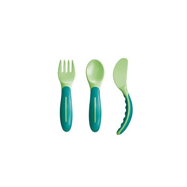 Set 3 piese lingura, furculita si cutit pentru bebelusi 6+ luni MAM 666919V, Verde