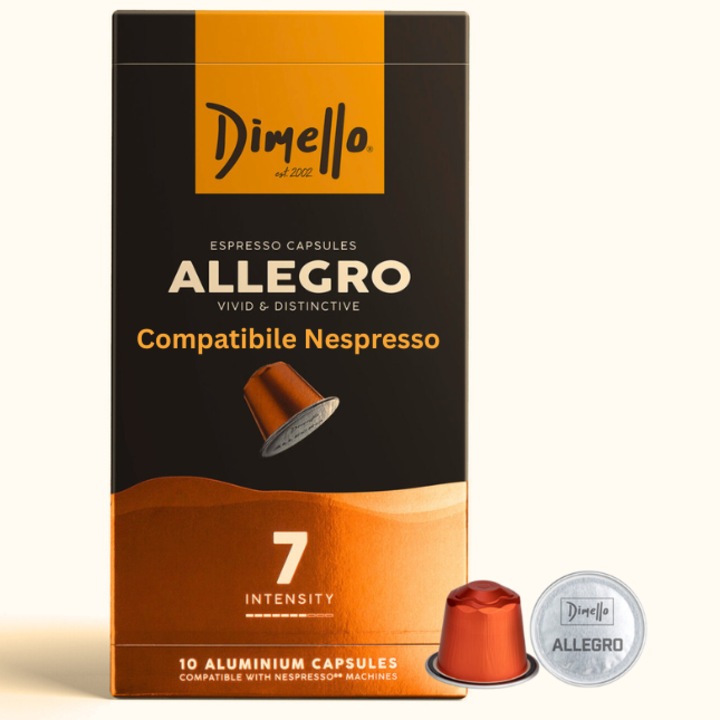 Cafea capsule, DIMELLO Allegro, Medium roast, Compatibile Nespresso, 10 capsule, Intensitate 7/10