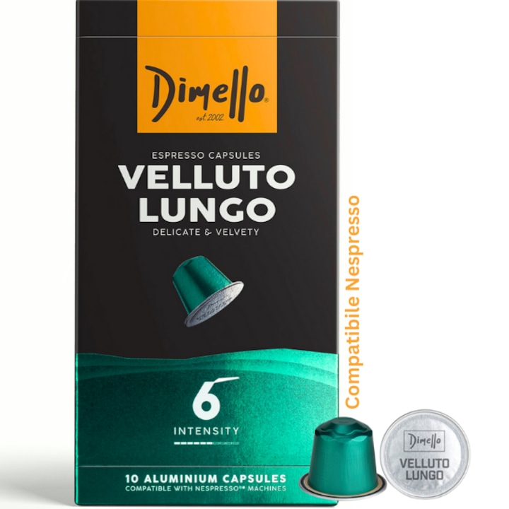 Cafea capsule, DIMELLO Velluto Lungo, Medium roast, Compatibile Nespresso, Intensitate 6/10, 10 buc