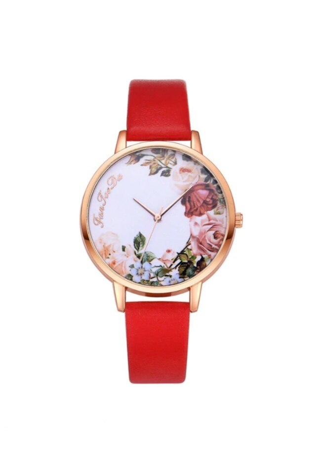 Ceas de dama Floralist, curea rosie din piele ecologica si cadran inflorat