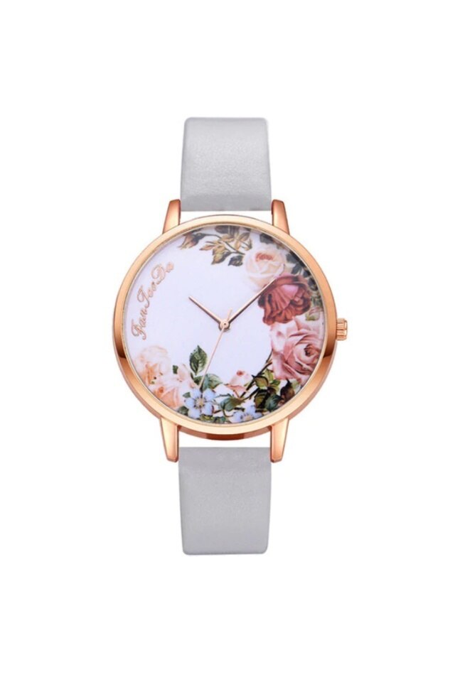 Ceas de dama Floralist, curea gri din piele ecologica si cadran inflorat
